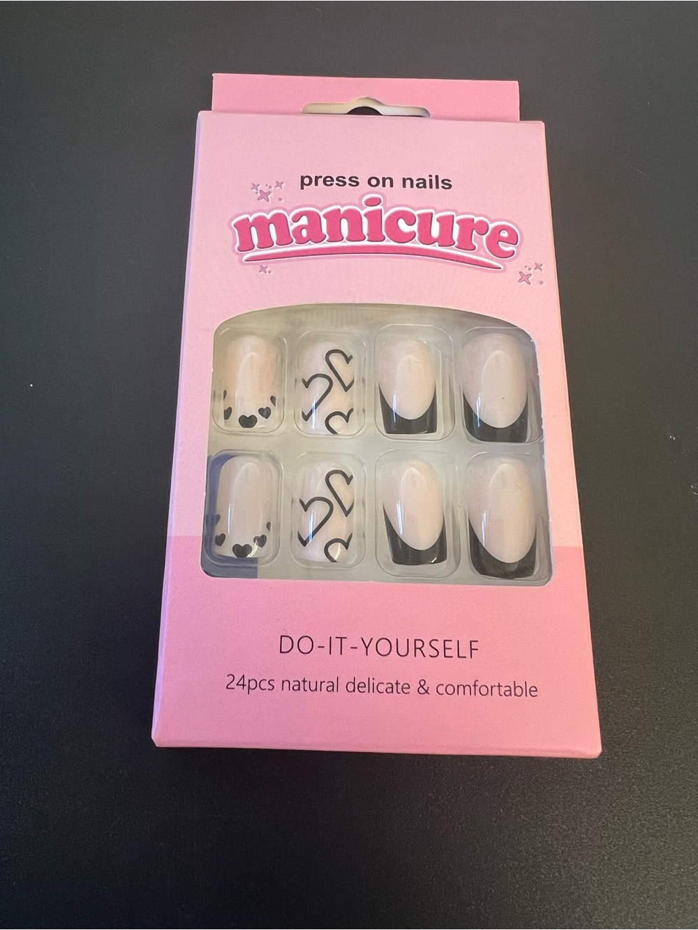 Press On Manicure Nails - Pink with Black Heart Accents